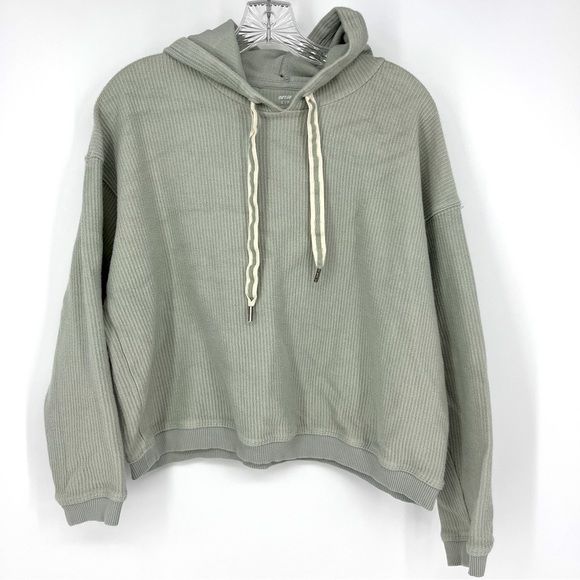 Aerie Sage Pale Green Ribbed Cropped Hooded Sweatshirt Drawstring Size Small - Picture 2 of 4